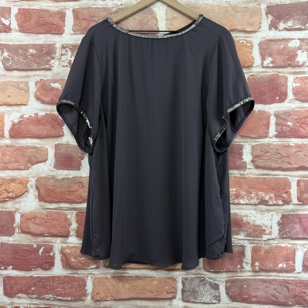 Torrid Top Women's 3X Gray Silver Sparkly Sequin Trim Satin Casual Evening Shirt